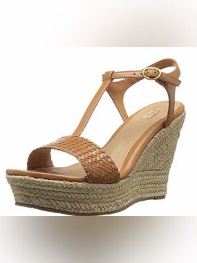 UGG Women's Tan Woven Leather T-Strap Wedge Sandals